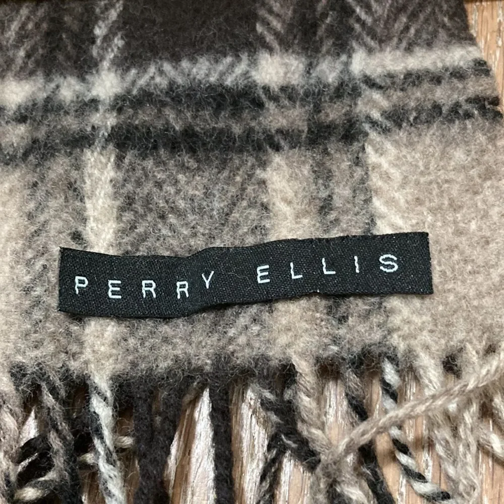 Perry Ellis dark brown and tan plaid wool scarf.